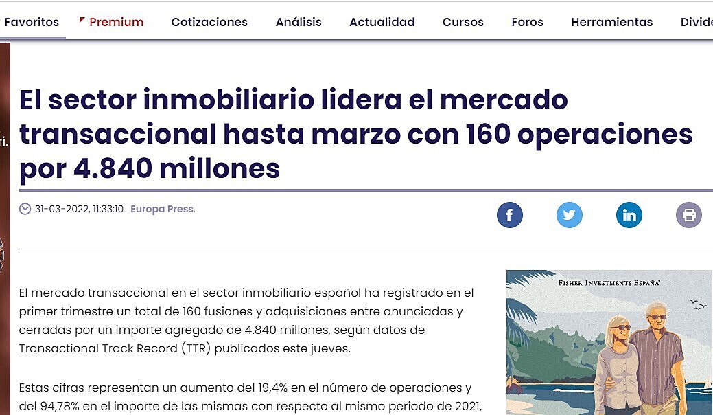 El sector inmobiliario lidera el mercado transaccional hasta marzo con 160 operaciones por 4.840 millones